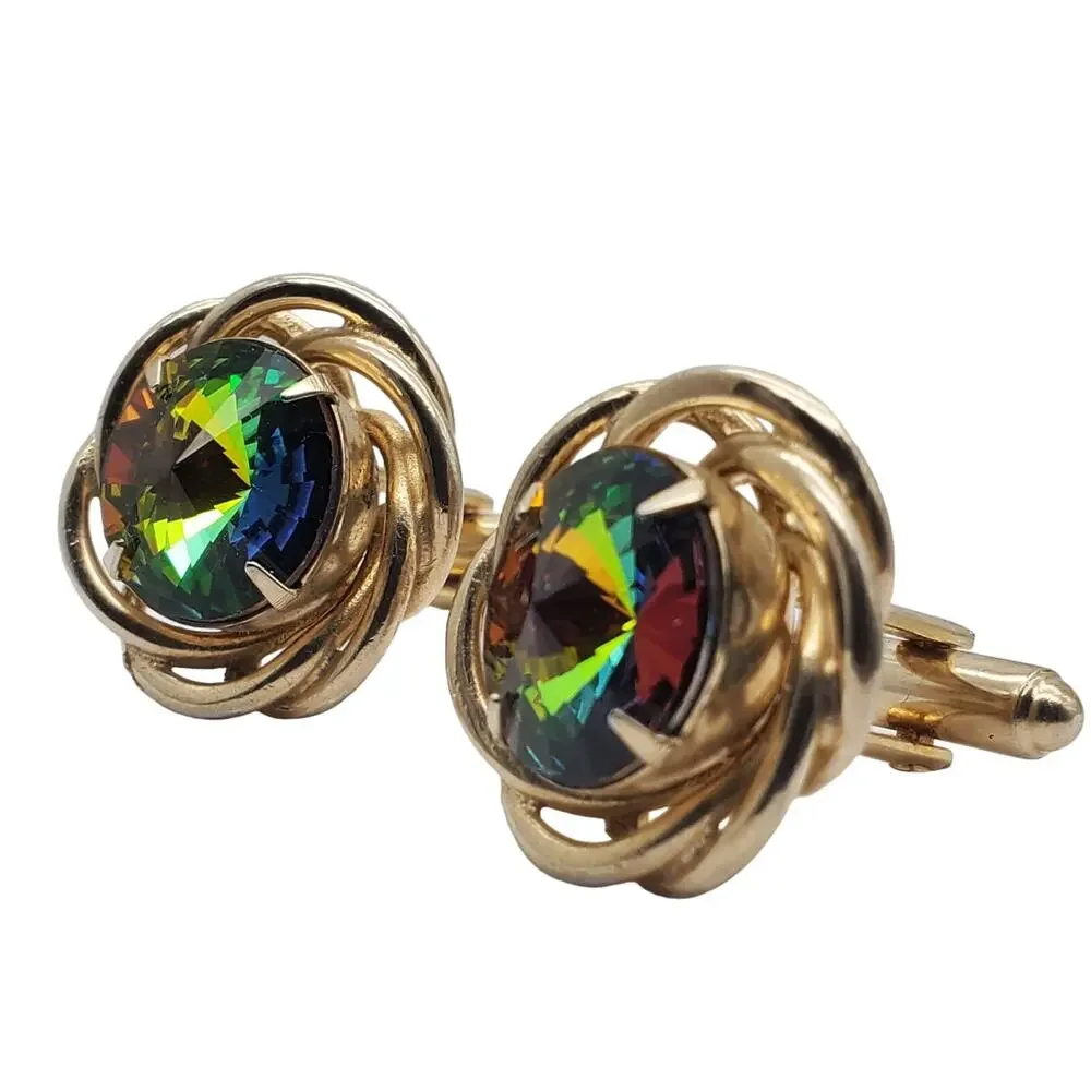 Green Watermelon Rivoli Cufflinks Dante Gold Tone Twisted Menswear 1960s MCM